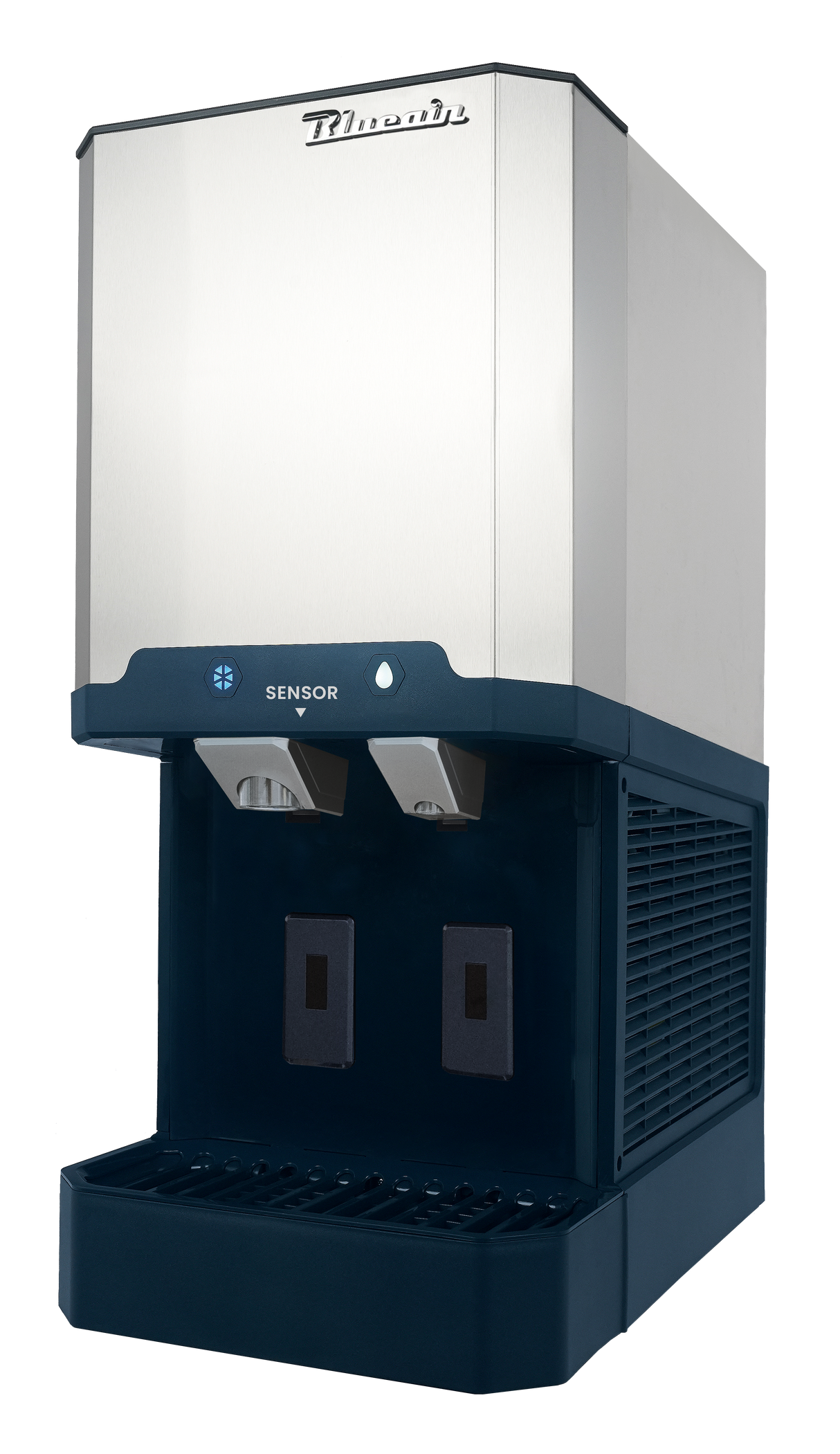 A stainless steel commercial water dispenser and nugget ice maker with dual spouts, a sensor panel, drip tray, and side ventilation grille, positioned against a plain white background.