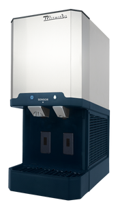 A stainless steel commercial water dispenser and nugget ice maker with dual spouts, a sensor panel, drip tray, and side ventilation grille, positioned against a plain white background.