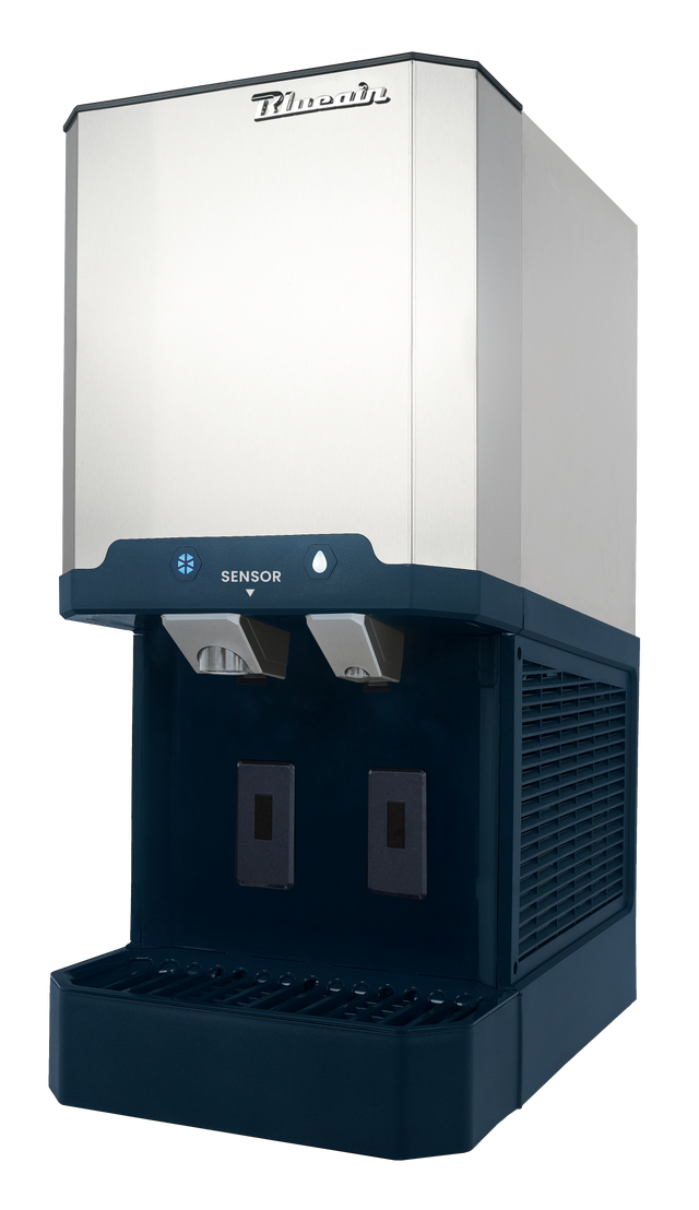 A stainless steel commercial water dispenser and nugget ice maker with dual spouts, a sensor panel, drip tray, and side ventilation grille, positioned against a plain white background.