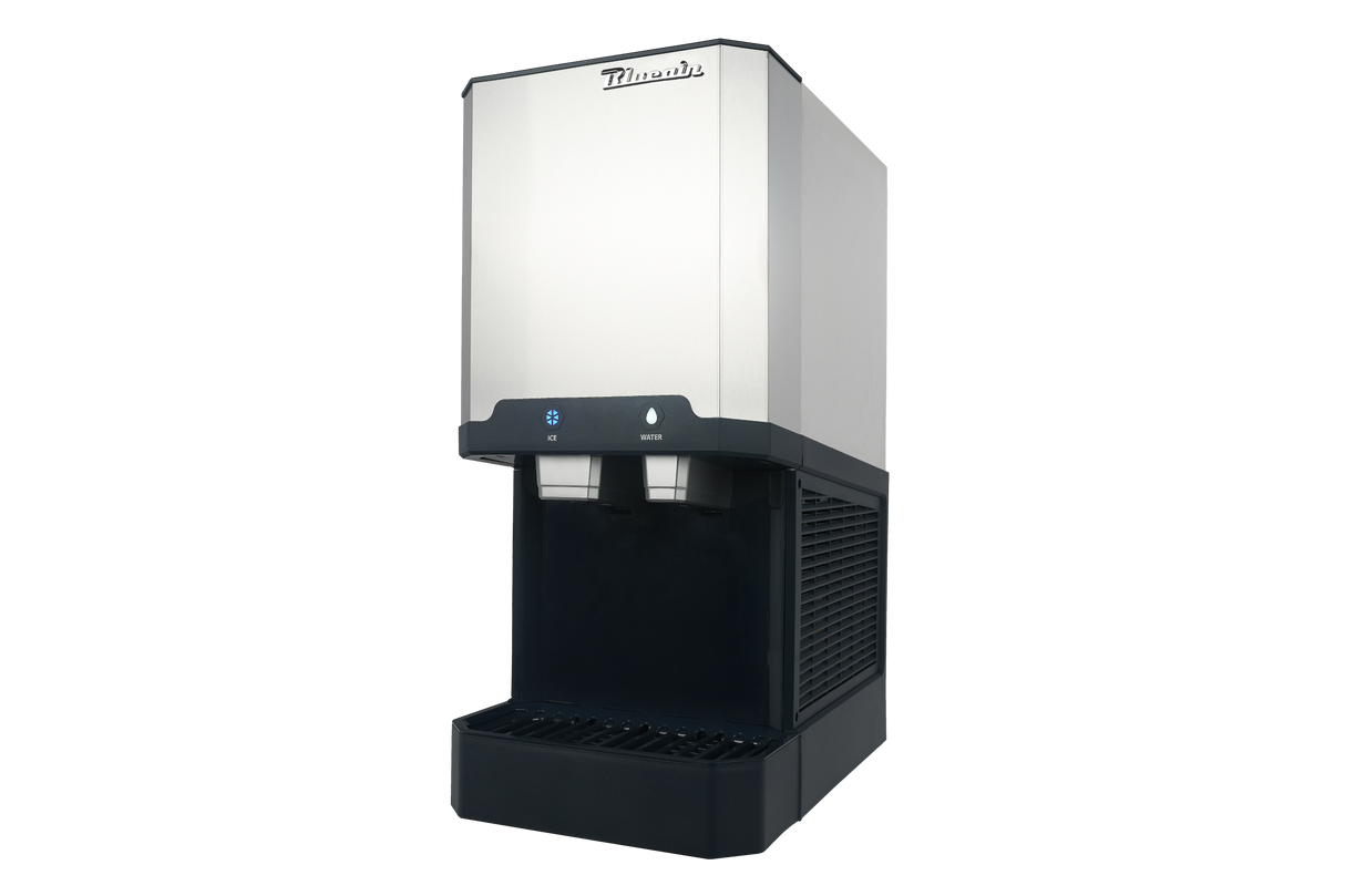 A commercial stainless steel and black ice maker and water dispenser machine with dual spouts, control buttons, drip tray, and brand name “Manitowoc” on top; photographed against a plain light background.