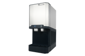 A commercial stainless steel and black ice maker and water dispenser machine with dual spouts, control buttons, drip tray, and brand name “Manitowoc” on top; photographed against a plain light background.