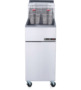 A commercial stainless steel Deep Fryer with a 40 lbs capacity, four metal baskets with red handles, and a rectangular shape. The fryer features a cabinet below, sits on four caster wheels, and displays the “BLUELAA” brand on the front. Plain white background.