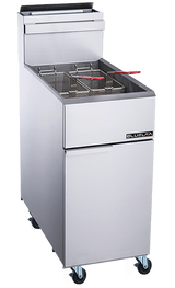 A commercial stainless steel deep fryer on wheels with two fryer baskets and a red handle, featuring a front door, a BLUELAVA logo, and a top section for draining baskets. This 40 lbs capacity deep fryer runs on natural gas and is photographed against a white background.