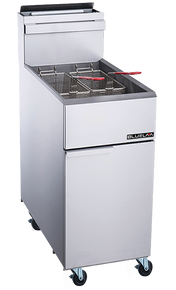 A commercial Deep Fryer with a stainless steel finish, two metal frying baskets with red handles, and a lower cabinet door. This LPG unit features a 40 lbs capacity and sits on four wheels for mobility. The BLUELAA brand label is visible on the front panel.