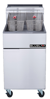 A commercial deep fryer with a stainless steel finish, two metal frying baskets with red handles, four wheels for mobility, and a 70 lbs capacity. The front displays a BLUELAA logo, and the rectangular fryer has a cabinet below the frying area.