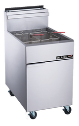 A commercial stainless steel Deep Fryer with 70 lbs capacity, featuring two wire baskets with red handles. It stands on four caster wheels, has a front-facing door, and a BLUELAA label on the lower right. Suitable for LPG use. Background is plain white.