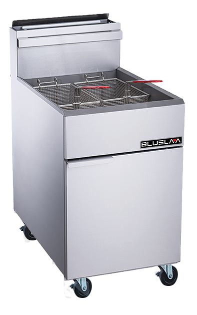 A commercial stainless steel Deep Fryer with 70 lbs capacity, featuring two wire baskets with red handles. It stands on four caster wheels, has a front-facing door, and a BLUELAA label on the lower right. Suitable for LPG use. Background is plain white.