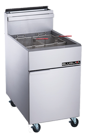 A commercial deep fryer on wheels with a stainless steel exterior, two metal frying baskets with red handles, a lower cabinet, and a prominent BLUE LAVA logo. This natural gas deep fryer boasts a 70 lbs capacity and features a clean, industrial design.