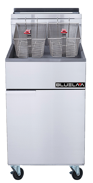 A commercial deep fryer on wheels with a stainless steel finish, two metal frying baskets with red handles, and a front panel labeled BLUELAA. This natural gas deep fryer boasts a 70 lbs capacity and features a lower cabinet for storage or equipment.