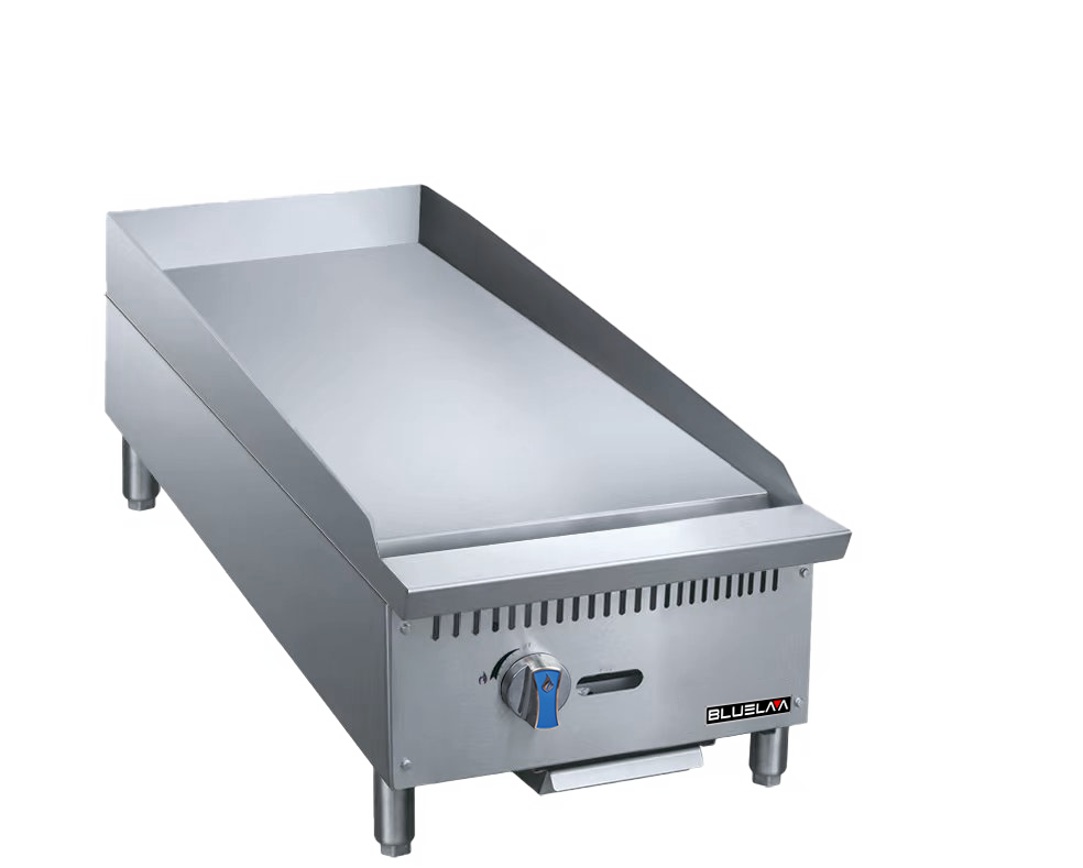 A heavy duty gas griddle, this Bluelake stainless steel flat-top griddle features a single control knob, four sturdy legs, and a smooth cooking surface with a three-sided backsplash—ideal for any griddle countertop setup. Plain white background.