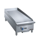 A heavy duty gas griddle, this Bluelake stainless steel flat-top griddle features a single control knob, four sturdy legs, and a smooth cooking surface with a three-sided backsplash—ideal for any griddle countertop setup. Plain white background.