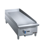 A heavy duty gas griddle, this Bluelake stainless steel flat-top griddle features a single control knob, four sturdy legs, and a smooth cooking surface with a three-sided backsplash—ideal for any griddle countertop setup. Plain white background.