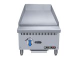 A stainless steel Blue Air FSE griddle with a flat cooking surface, raised sides, blue-handled control knob, and ignition button. This heavy duty gas griddle stands on four short legs against a plain background, perfect for any griddle countertop setup.