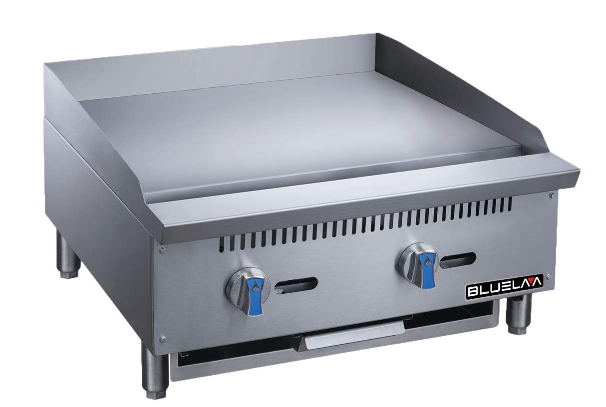 A stainless steel heavy duty gas griddle with two blue-handled control knobs, a flat cooking surface, vent slots, a drawer below, and BLUEFLAME branding on the front lower right. This countertop griddle features a powerful 000 BTU output.