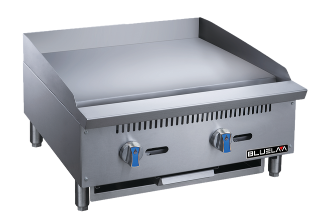 A stainless steel heavy duty gas griddle with two blue-handled control knobs, a flat cooking surface, vent slots, a drawer below, and BLUEFLAME branding on the front lower right. This countertop griddle features a powerful 000 BTU output.