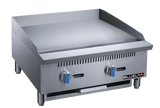 A heavy duty gas countertop griddle with two blue-handled control knobs, a grease tray, a vented front panel, and the “Blueflame” logo in the bottom right corner. The stainless steel griddle sits on four short legs.