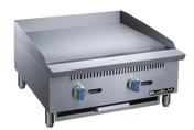 A heavy duty gas countertop griddle with two blue-handled control knobs, a grease tray, a vented front panel, and the “Blueflame” logo in the bottom right corner. The stainless steel griddle sits on four short legs.