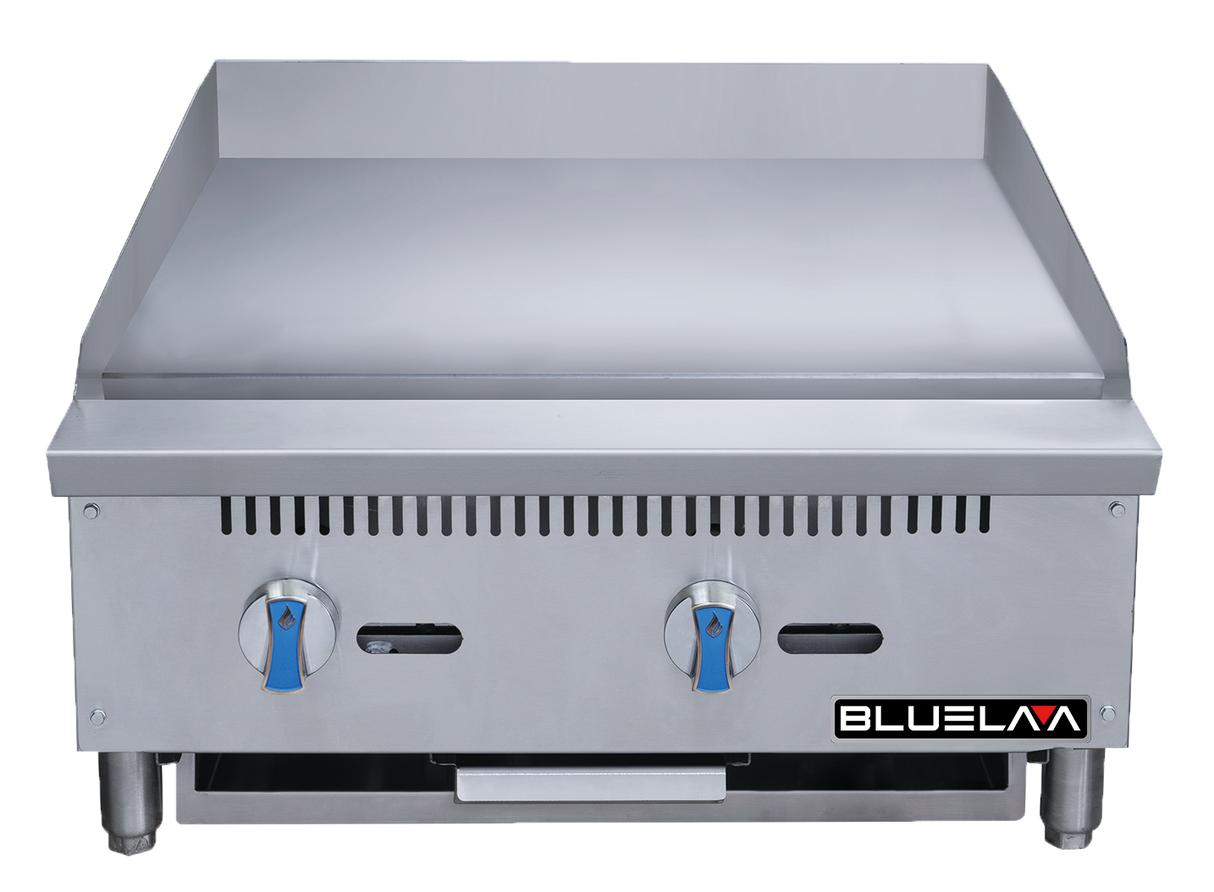 A commercial stainless steel countertop griddle with two blue control knobs, ventilation slots, and a BLUELAA logo on the lower right. This heavy duty gas griddle has a raised back and sides, sturdy legs, and a removable drip tray below.