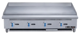 A heavy duty stainless steel commercial griddle with four blue-handled control knobs, a raised backsplash, vent slots, and short metal legs. The BLUELAM brand logo is featured on the lower right corner of this countertop griddle.