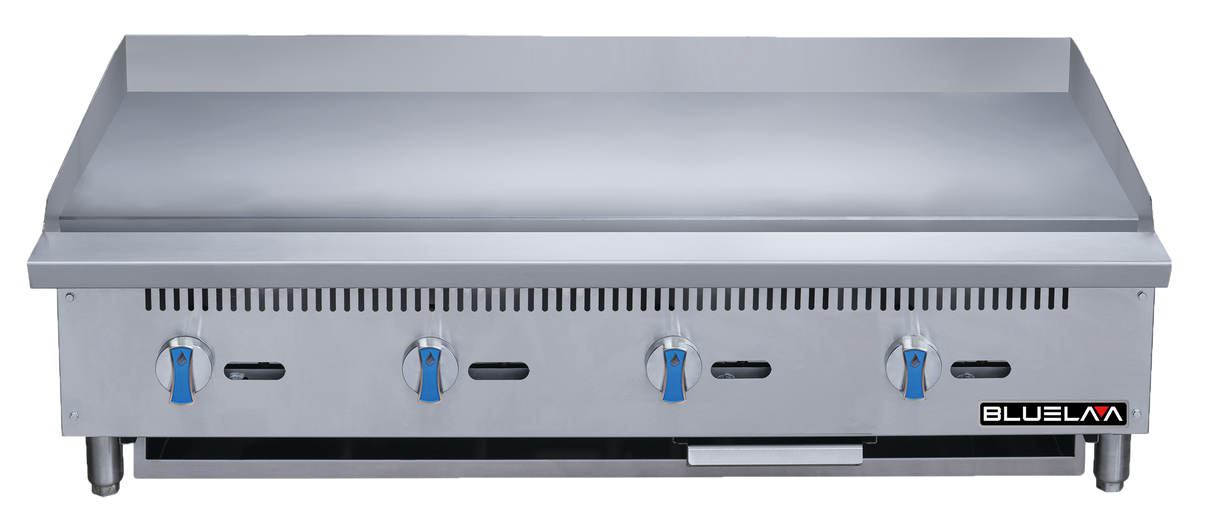 A heavy duty gas griddle with four blue manual control knobs and a flat cooking surface. The griddle countertop features vent slots on the front panel, sturdy legs, a backsplash, and the BLUELAM logo in the lower right corner.