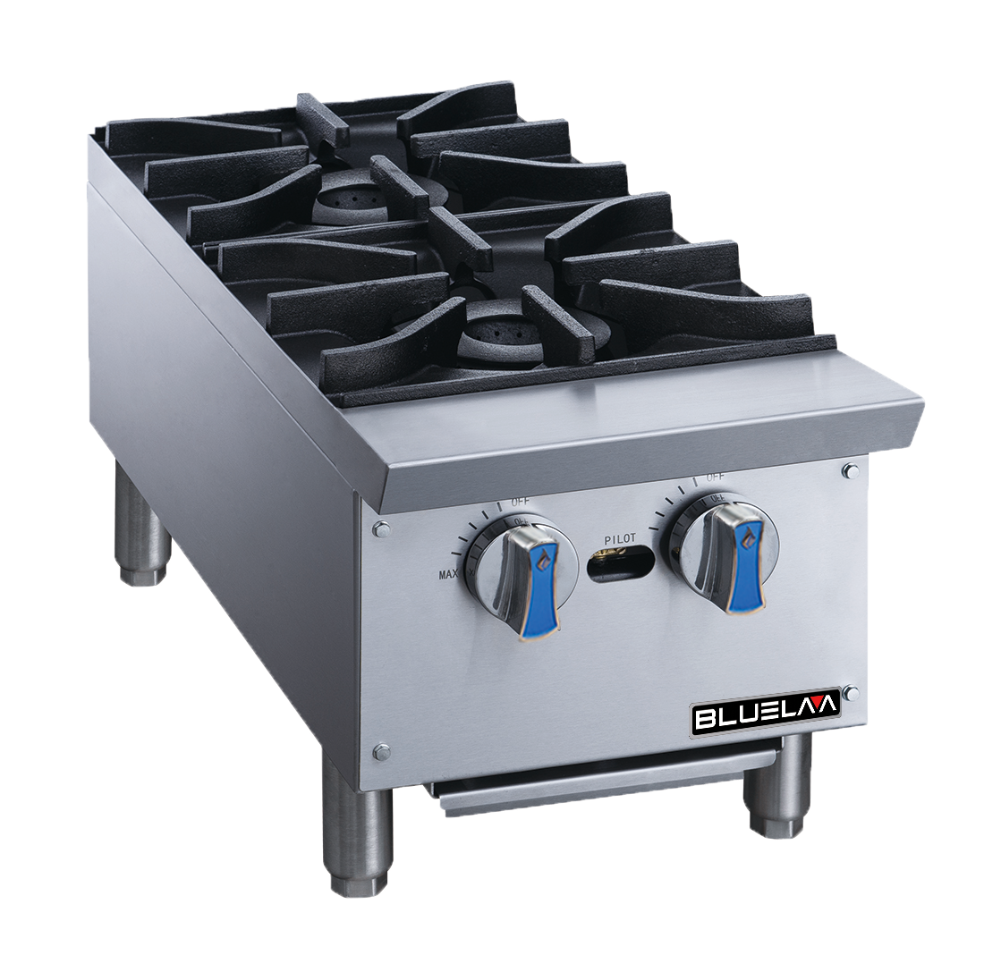 A heavy duty stainless steel countertop gas range with two black cast iron burners, blue-accented control knobs, sturdy legs, and the “Blueline” brand on front. The modern design resembles a professional hot plate and features a spotless surface.