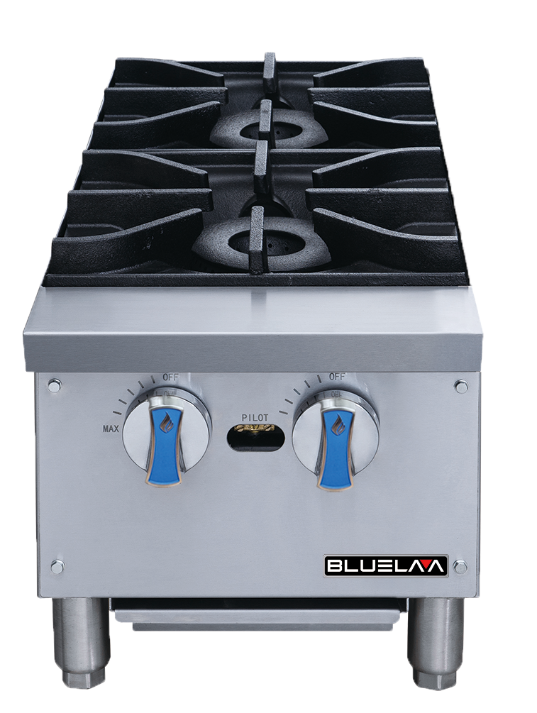 A heavy duty stainless steel countertop gas range featuring two black cast iron burners, two blue-handled control knobs labeled "OFF" and "MAX," a central pilot light, and the "BLUELAA" logo on the lower right front.
