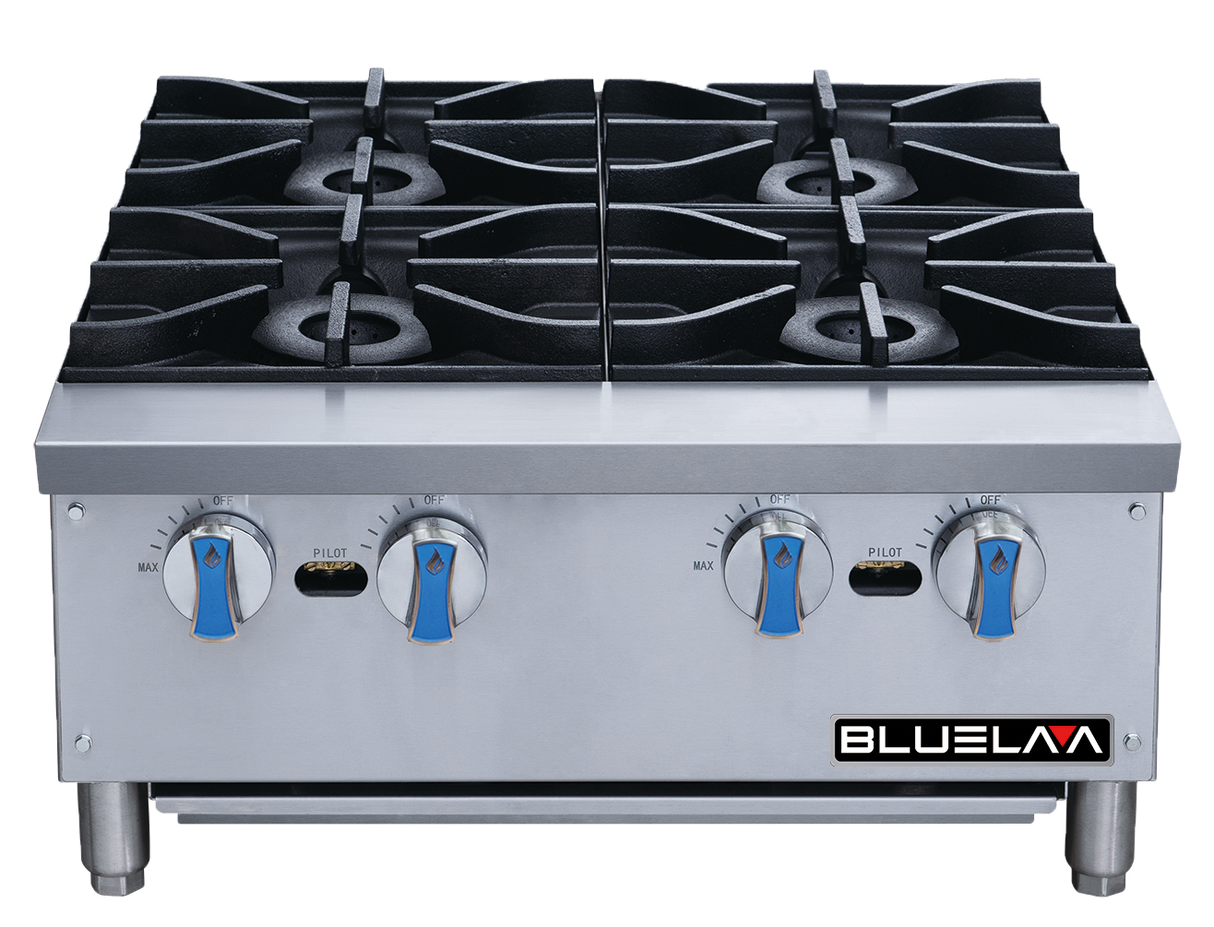 A stainless steel countertop commercial gas hot plate with four burners, each topped with a black cast iron grate. The control panel features four blue and silver knobs and is labeled BLUELAA on the bottom right. The background is plain white.