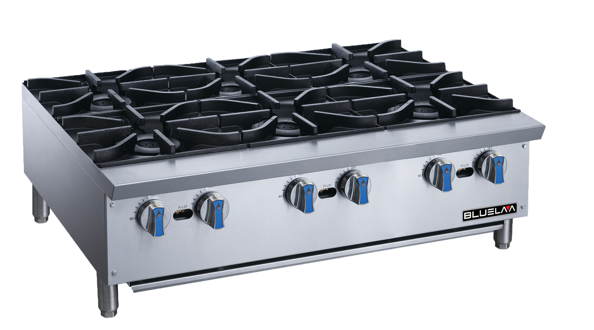A stainless steel commercial gas stove with six large black cast-iron burners, six blue and black control knobs, and sturdy metal legs. This durable countertop unit features the brand name BLUELAVA on the right side of the front panel.