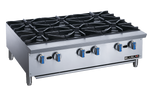 A stainless steel commercial gas stove with six large black cast-iron burners, six blue and black control knobs, and sturdy metal legs. This durable countertop unit features the brand name BLUELAVA on the right side of the front panel.