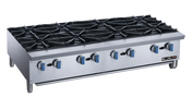 A heavy duty stainless steel commercial gas range with eight black cast-iron burners, blue and silver control knobs, and short metal legs. The Blueflame logo appears on the lower right front panel. Ideal for countertop use, set against a white background.