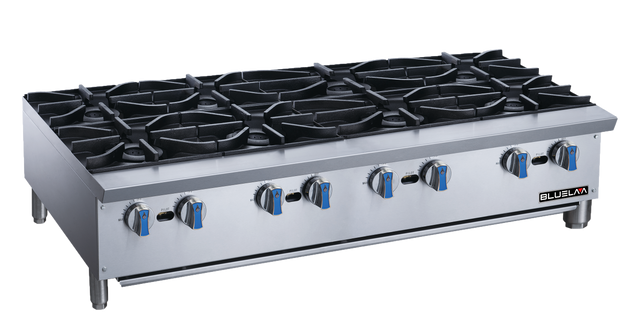 A heavy duty stainless steel commercial gas range with eight black cast-iron burners, blue and silver control knobs, and short metal legs. The Blueflame logo appears on the lower right front panel. Ideal for countertop use, set against a white background.