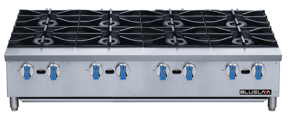A large heavy duty stainless steel gas stove with eight burners, each with a blue-handled control knob beneath it. The brand name “BLUELAAM” appears on a black and red label at the bottom right corner of the front panel.