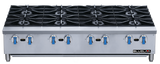 A large heavy duty stainless steel gas stove with eight burners, each with a blue-handled control knob beneath it. The brand name “BLUELAAM” appears on a black and red label at the bottom right corner of the front panel.