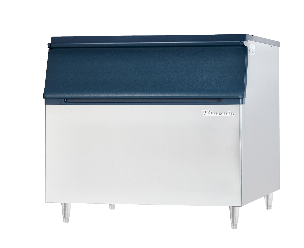 A large Ice Storage Bin with a stainless steel exterior and blue top-mounted lid, standing on four metal legs. The Hoshizaki logo is on the front upper right, and the unit boasts a sleek, industrial design with 800 lbs storage capacity.