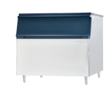 A large Ice Storage Bin with a stainless steel exterior and blue top-mounted lid, standing on four metal legs. The Hoshizaki logo is on the front upper right, and the unit boasts a sleek, industrial design with 800 lbs storage capacity.