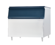 A large Ice Storage Bin with a stainless steel exterior and blue top-mounted lid, standing on four metal legs. The Hoshizaki logo is on the front upper right, and the unit boasts a sleek, industrial design with 800 lbs storage capacity.