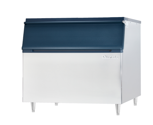 A large Ice Storage Bin with a stainless steel exterior and blue top-mounted lid, standing on four metal legs. The Hoshizaki logo is on the front upper right, and the unit boasts a sleek, industrial design with 800 lbs storage capacity.