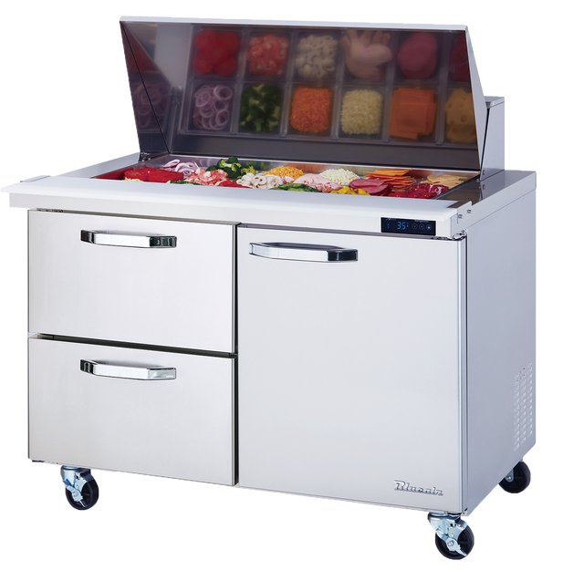 A Mega Top Sandwich Prep Table with two drawers and a door on wheels. The open top displays containers of sliced vegetables, meats, and cheeses—perfect for sandwich or salad prep. Features a digital temperature display, just like a commercial refrigerator.