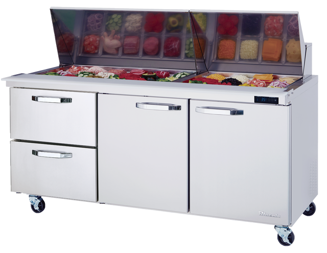 The Blue Air mega top sandwich prep table features casters, two drawers, two doors, and a top compartment for salad fixings like greens, tomatoes, and meats under a raised glass lid. A digital display shows the temperature for optimal freshness.