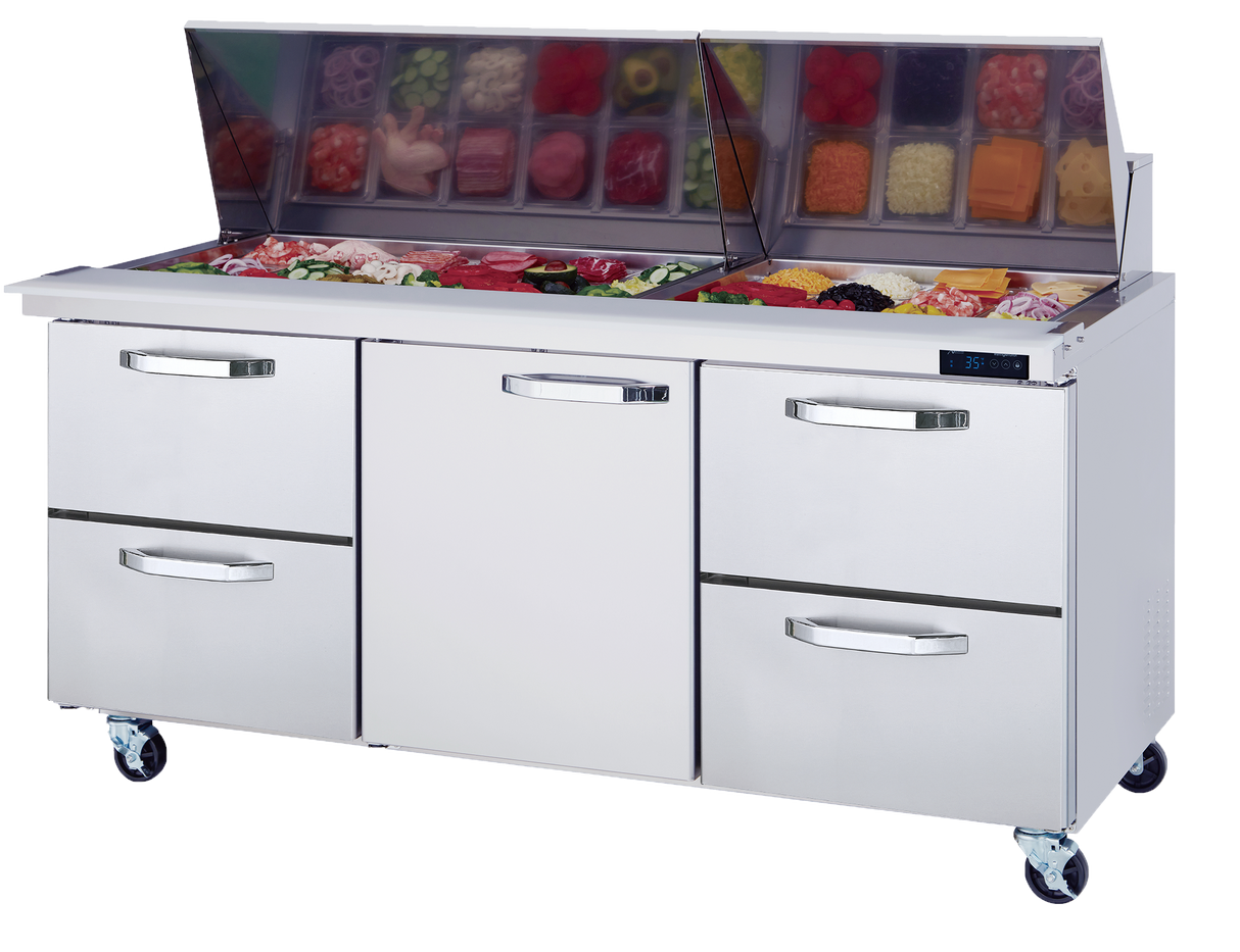 The Blue Air FSE Mega Top Sandwich Prep Table features a stainless steel build with a glass-covered display for ingredients, six drawers, and four wheels—perfect for organizing meats and veggies in any busy kitchen.