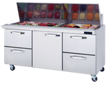 The Blue Air FSE Mega Top Sandwich Prep Table features a stainless steel build with a glass-covered display for ingredients, six drawers, and four wheels—perfect for organizing meats and veggies in any busy kitchen.