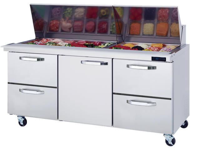 The Blue Air FSE Mega Top Sandwich Prep Table features a stainless steel build with a glass-covered display for ingredients, six drawers, and four wheels—perfect for organizing meats and veggies in any busy kitchen.