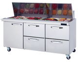 A freezer with food in it sits beside a refrigerated prep table, perfect for keeping ingredients fresh and organized.