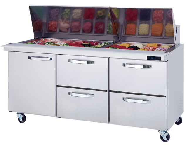 A freezer with food in it sits beside a refrigerated prep table, perfect for keeping ingredients fresh and organized.