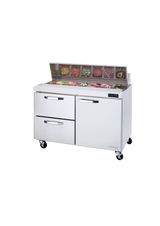A 48-inch refrigerated prep table with two drawers, a large door, and wheels. The top of this Blue Air BLPT48-D2L-HC Sandwich Prep Table holds containers of sliced vegetables and meats, ideal for efficient food prep in a professional kitchen.