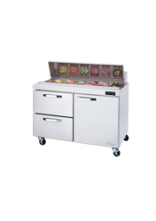 A Blue Air BLPT60-D2L-HC refrigerated prep table on wheels with two drawers, a door, and a raised, open top section displaying sliced vegetables and meats in containers. Perfect as a versatile sandwich prep table for any commercial kitchen. Plain white background.