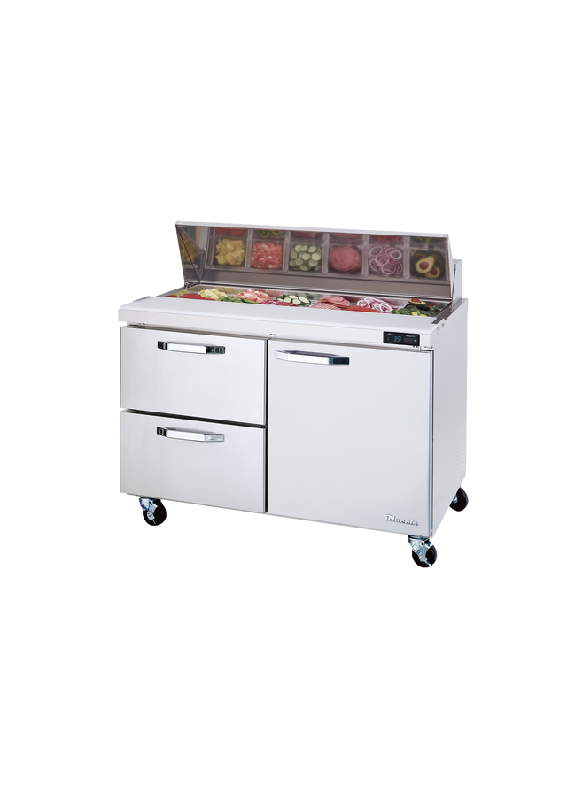 A Blue Air BLPT60-D2L-HC refrigerated prep table on wheels with two drawers, a door, and a raised, open top section displaying sliced vegetables and meats in containers. Perfect as a versatile sandwich prep table for any commercial kitchen. Plain white background.