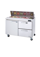 A 60-inch commercial stainless steel Sandwich Prep Table with wheels, featuring a raised top for assorted toppings, a large door on the left, and two-section refrigerated drawers on the right, set against a plain background.