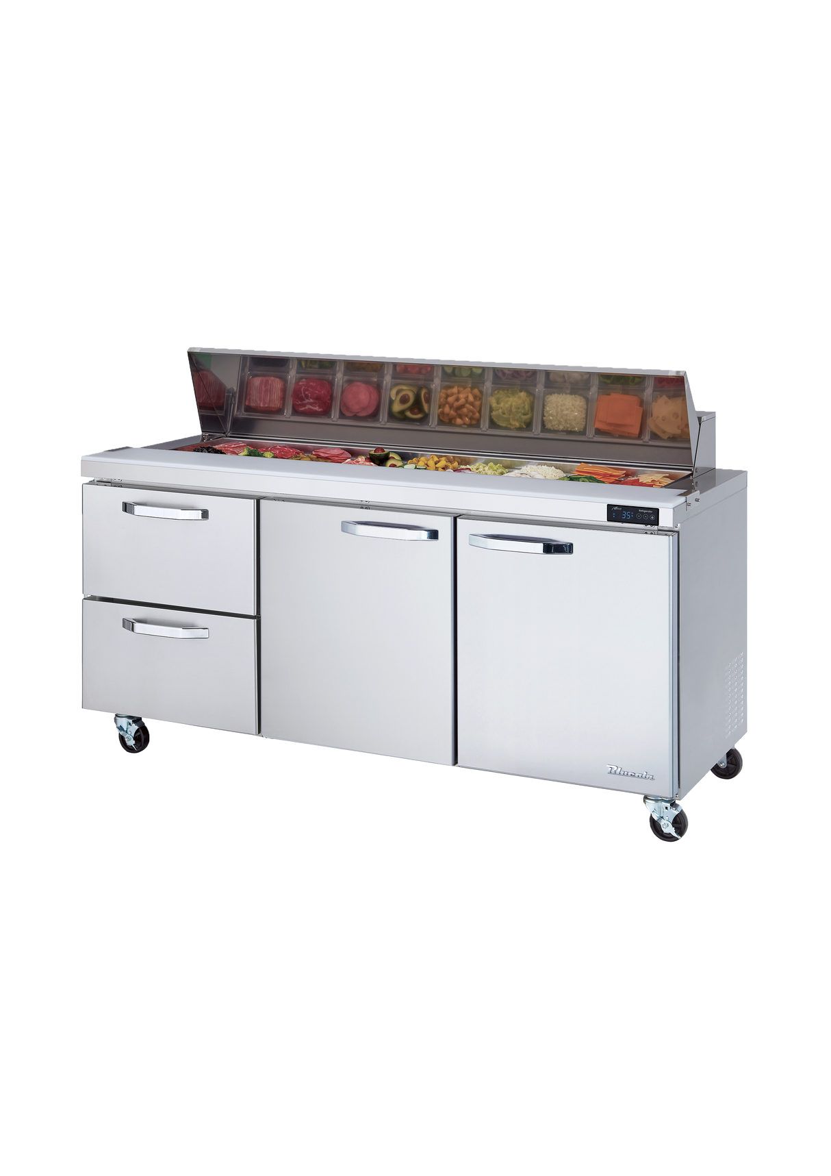 A commercial Sandwich Prep Table with a stainless steel build features three drawers and a glass-covered, three-section top displaying colorful veggies and meats in containers. The unit stands on caster wheels, set against a plain white background.