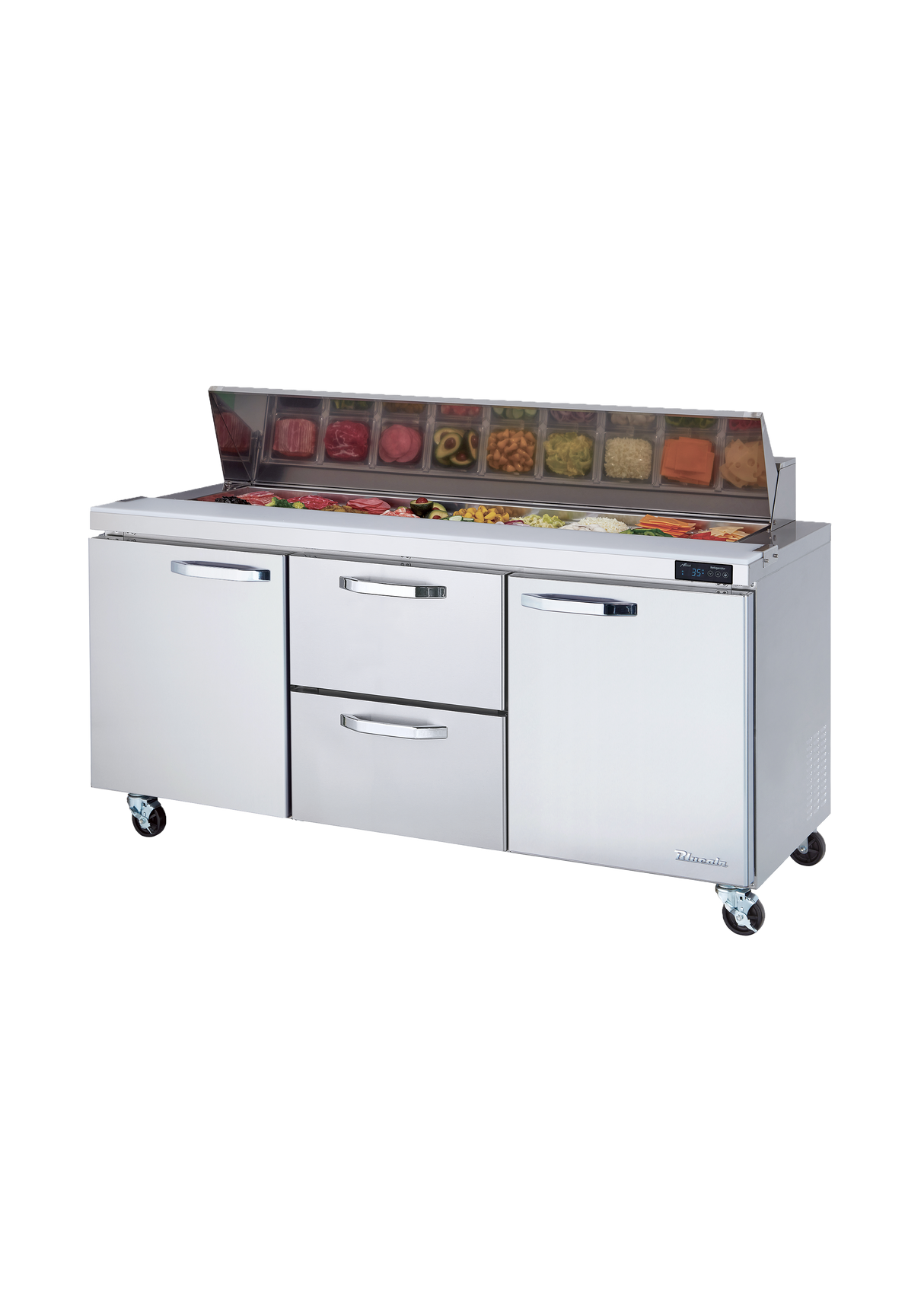 A commercial Blue Air BLPT72-D2M-HC refrigerated prep table with four drawers and compartments. The open lid on top displays containers filled with fresh toppings, making it an ideal sandwich prep table for restaurants or delis.